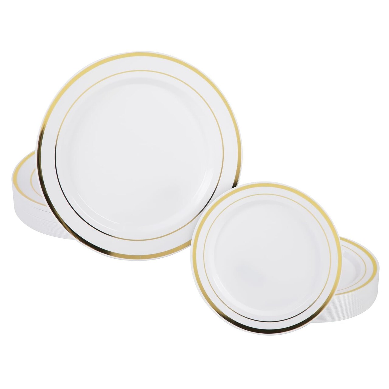 50 pc Plastic Plates Disposable Set - White w/ Gold Rimmed Plate for Parties